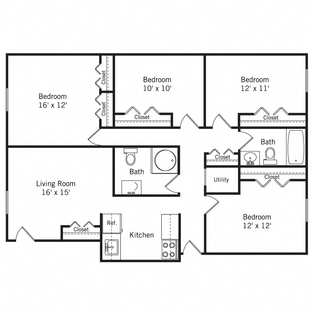 Floor plan for 4 beds, 2 baths, 1350 sqft